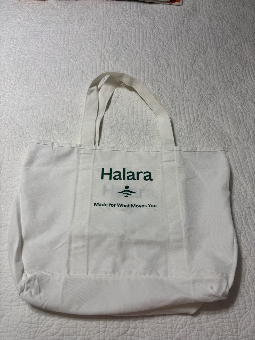 NWOT HALARA White Canvas Tote with Green Logo Made For What Moves
